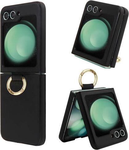 Geyo for Samsung Galaxy Z Flip 5 Case, PU+ABS Ultra-Thin Anti-Scratches Shockproof Phone Case for Z Flip 5, Support Wireless Charging, Protective Phone Case with Ring for Women&Men, Black in Saudi Arabia