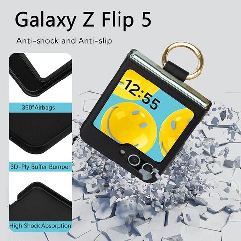 Geyo for Samsung Galaxy Z Flip 5 Case, PU+ABS Ultra-Thin Anti-Scratches Shockproof Phone Case for Z Flip 5, Support Wireless Charging, Protective Phone Case with Ring for Women&Men, Black in Saudi Arabia