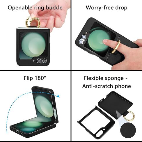 Geyo for Samsung Galaxy Z Flip 5 Case, PU+ABS Ultra-Thin Anti-Scratches Shockproof Phone Case for Z Flip 5, Support Wireless Charging, Protective Phone Case with Ring for Women&Men, Black in Saudi Arabia