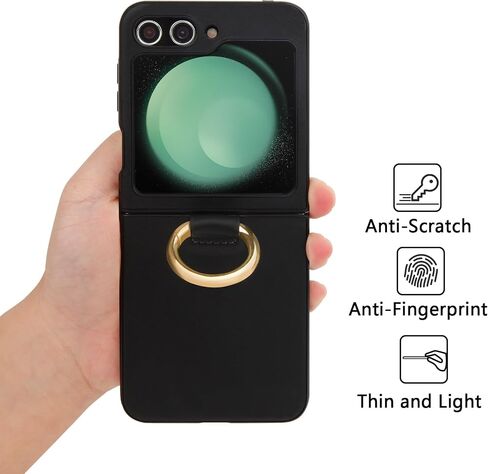 Geyo for Samsung Galaxy Z Flip 5 Case, PU+ABS Ultra-Thin Anti-Scratches Shockproof Phone Case for Z Flip 5, Support Wireless Charging, Protective Phone Case with Ring for Women&Men, Black in Saudi Arabia