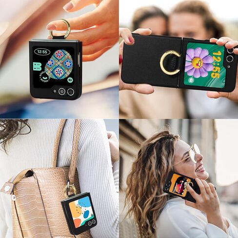 Geyo for Samsung Galaxy Z Flip 5 Case, PU+ABS Ultra-Thin Anti-Scratches Shockproof Phone Case for Z Flip 5, Support Wireless Charging, Protective Phone Case with Ring for Women&Men, Black in Saudi Arabia