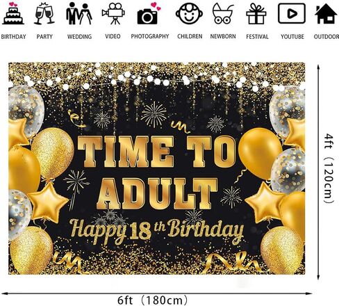 Black Silver Time to Adult Backdrop Silver Balloon Happy 18th Birthday Banner Large 18 Eighteen Years Old Birthday Photography Party Decoration (black Silver, 6x4ft) in Saudi Arabia
