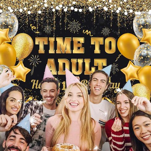 Black Silver Time to Adult Backdrop Silver Balloon Happy 18th Birthday Banner Large 18 Eighteen Years Old Birthday Photography Party Decoration (black Silver, 6x4ft) in Saudi Arabia