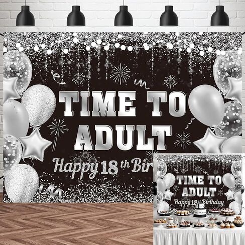 Black Silver Time to Adult Backdrop Silver Balloon Happy 18th Birthday Banner Large 18 Eighteen Years Old Birthday Photography Party Decoration (black Silver, 6x4ft) in Saudi Arabia