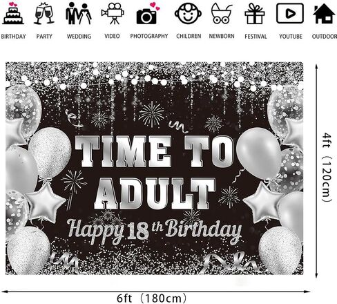 Black Silver Time to Adult Backdrop Silver Balloon Happy 18th Birthday Banner Large 18 Eighteen Years Old Birthday Photography Party Decoration (black Silver, 6x4ft) in Saudi Arabia
