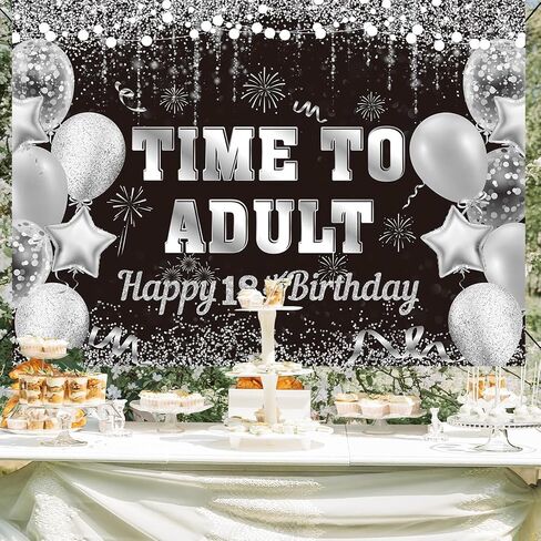 Black Silver Time to Adult Backdrop Silver Balloon Happy 18th Birthday Banner Large 18 Eighteen Years Old Birthday Photography Party Decoration (black Silver, 6x4ft) in Saudi Arabia