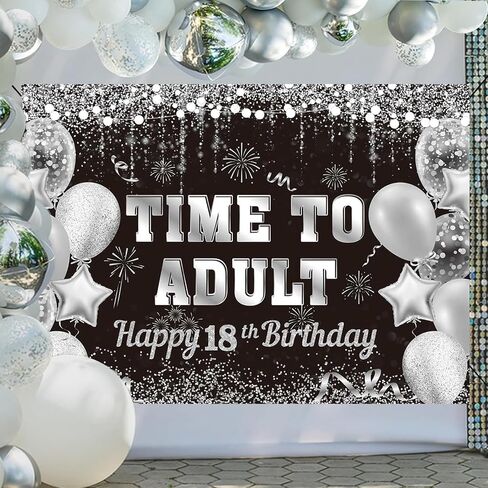 Black Silver Time to Adult Backdrop Silver Balloon Happy 18th Birthday Banner Large 18 Eighteen Years Old Birthday Photography Party Decoration (black Silver, 6x4ft) in Saudi Arabia