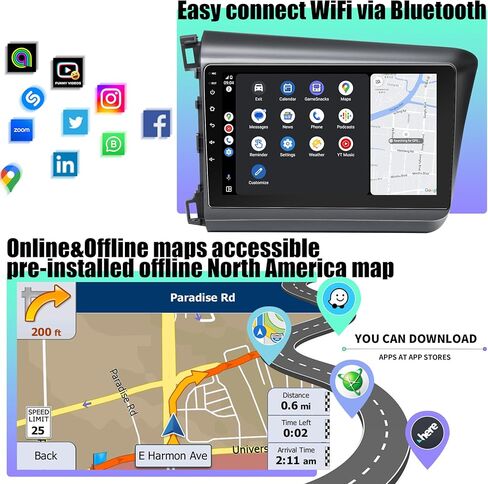 ستيريو سيارة لهوندا سيفيك 2012 2013 2014 2015، راديو السيارة اللاسلكي Carplay & Android Auto، Android 12 مع 2G+64G بلوتوث/التحكم الصوتي/ملاحة GPS/WiFi/SWC/FM، وحدة رأس شاشة تعمل باللمس IPS مقاس 9 بوصة in Kuwait