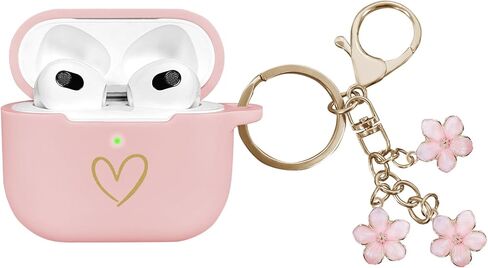 متوافق مع غطاء حافظة AirPods 3 2021، حافظة من السيليكون الناعم بنمط قلب ذهبي لحافظة AirPods الجيل الثالث مع سلسلة مفاتيح بأزهار الكرز اللطيفة للفتيات والنساء (وردي) in Saudi Arabia