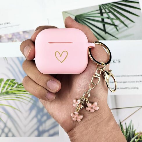 متوافق مع غطاء حافظة AirPods 3 2021، حافظة من السيليكون الناعم بنمط قلب ذهبي لحافظة AirPods الجيل الثالث مع سلسلة مفاتيح بأزهار الكرز اللطيفة للفتيات والنساء (وردي) in Saudi Arabia
