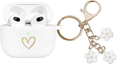 متوافق مع غطاء حافظة AirPods 3 2021، حافظة من السيليكون الناعم بنمط قلب ذهبي لحافظة AirPods الجيل الثالث مع سلسلة مفاتيح بأزهار الكرز اللطيفة للفتيات والنساء (وردي) in Saudi Arabia
