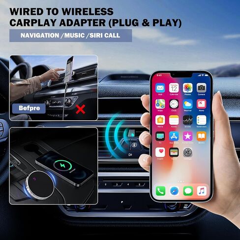 محول CarPlay اللاسلكي، دونجل التوصيل والتشغيل يتحول سلكيًا إلى لاسلكي للسيارات من 2015 وiPhone iOS 10+، دائري، أسود in Kuwait