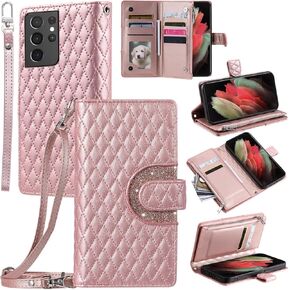 Phone Case for Samsung Galaxy S21 Ultra 5G Wallet Cover with and Crossbody Wrist Strap Shoulder Strap 9+ Card Slots Zipper Purse Leather Stand S21ultra 21S S 21 21ultra G5 Women Men Pink