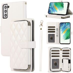 Wallet Case for Samsung Galaxy S22 5G with Detachable Wrist Strap, 9+ Card Slots Zipper Purse, Luxury PU Leather Stand Full Body Cell Phone Cover for S 22 22S 4G G5 6.1 inch Women Girls White