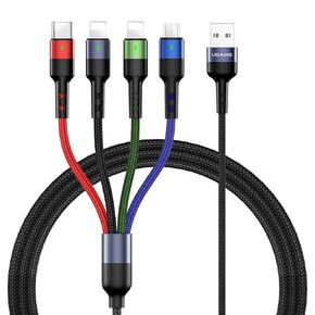2Pack Multi Charging Cable USAMS Multiple Charger Cord Nylon Braided Short 10FT 4 in 1 USB Charge Cord with Phone/Type C/Micro USB Connector for Phone/Galaxy S20/S10S9/S8/S7 and More