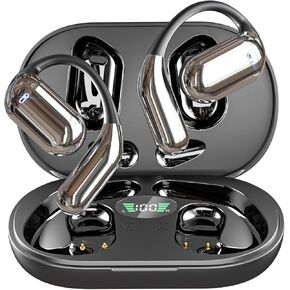 Open Ear Bone Conduction Bluetooth 5.4 Headphones,Wireless Earbuds Built-in Mic Sport Over Earphones with Comfort Ear Hooks LED Display Charging Case,Waterproof IPX7 Headset for Running Fitness,Black