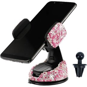 Bling Car Phone Holder, 360° Adjustable Crystal Car Phone Holder, Car Interior Accessory with One More Air Vent Base, Universal Phone Holder for Dashboard, Windshield, Air Vents (Pink)