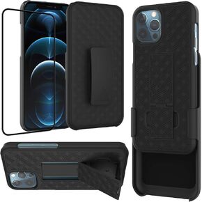 Ailiber Compatible with iPhone 12 Pro Max Case with Screen Protector, for iPhone 12 ProMax Belt Clip Holster, Kickstand Holder Slim Shockproof Protective Cover for iPhone 12 Max Pro 6.7 inch - Black