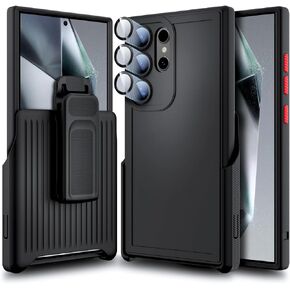 Designed for Samsung Galaxy S24 Ultra Case with Built-in Tempered Glass (Camera Lens Protector), Belt Clip Holster Kickstand, Heavy Duty Protective Shockproof Armor Defender Case (Black)
