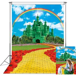 Green Castle Yellow Brick Road Backdrop for Party Decorations 5x7FT Rainbow Floral Castle Gold Brick Road Photography Background Baby Shower Princess party Decorations Supplies