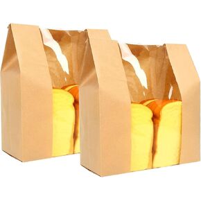 50 Pieces Brown Bakery Bags with Window Paper Bread Loaf Bags Kraft Food Packaging Storage Bakery Bags with Free Stickers