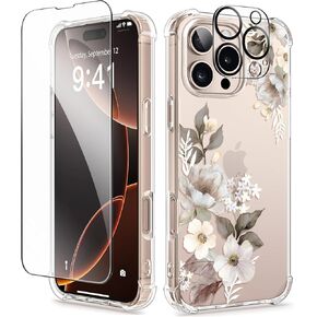 GVIEWIN Compatible with iPhone 16 Pro Max Case with Screen Protector & Camera Lens Protector, Clear Shockproof Protective Slim Fit Floral Phone Cover for Women Girls 6.9" (Delphinium/Grey)