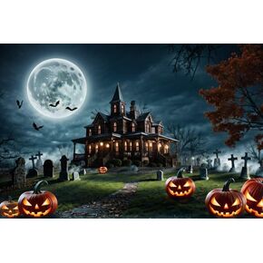Halloween Backdrop 10x8ft(300x240cm) Cemetery Haunted House Backdrop Scary Pumpkin Lamp Night Full Moon Photography Background Theme Party Banner Photo Studio Props