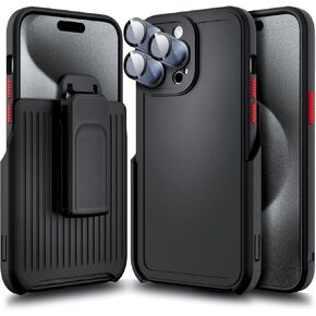 Designed for iPhone 15 Pro Max Case with Built-in Tempered Glass (Camera Lens Protector), Belt Clip Holster Kickstand, Heavy Duty Protective Shockproof Armor Defender Case (Black)