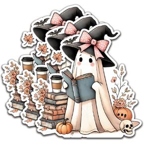 (3Pcs) Ghost Read Book Sticker Halloween Sticker Decal Waterproof Vinyl Stickers Adult for Laptop Kindle Car Tumbler Water Bottle Mug Phone Notebook Helmet - Size 3"x2,8"