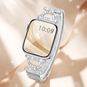 Magnetic Metal Band Compatible with Apple Watch Bands for Women 44mm 40mm 45mm 41mm 38mm 42mm 46mm, Dressy Bling D-Shape Milanese Loop Stainless Steel Strap for iWatch Series 10 9 8 7 6 5 4 3 2 1 SE-Starlight