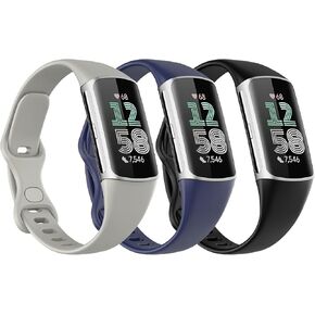 3 Pack Slim Bands Compatible with Fitbit Charge 6/Charge 5 for Women Men, Soft TPE Watch Band Thin Strap Replacement Wristband, Black/Dark Blue/Rock Gray