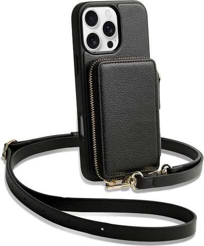 ZVE for iPhone 16 Pro Wallet Case with Card Holder, Zipper Crossbody Case with Wrist Strap for Women for iPhone 16 Pro 6.3" Black in Saudi Arabia