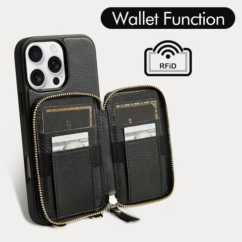ZVE for iPhone 16 Pro Wallet Case with Card Holder, Zipper Crossbody Case with Wrist Strap for Women for iPhone 16 Pro 6.3" Black in Saudi Arabia