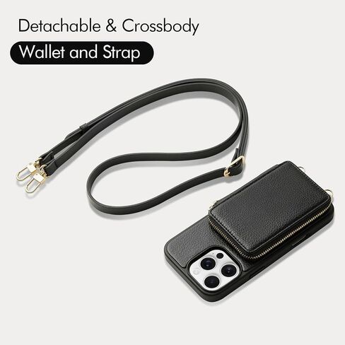 ZVE for iPhone 16 Pro Wallet Case with Card Holder, Zipper Crossbody Case with Wrist Strap for Women for iPhone 16 Pro 6.3" Black in Saudi Arabia