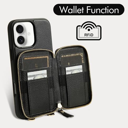 ZVE for iPhone 16 Pro Wallet Case with Card Holder, Zipper Crossbody Case with Wrist Strap for Women for iPhone 16 Pro 6.3" Black in Saudi Arabia