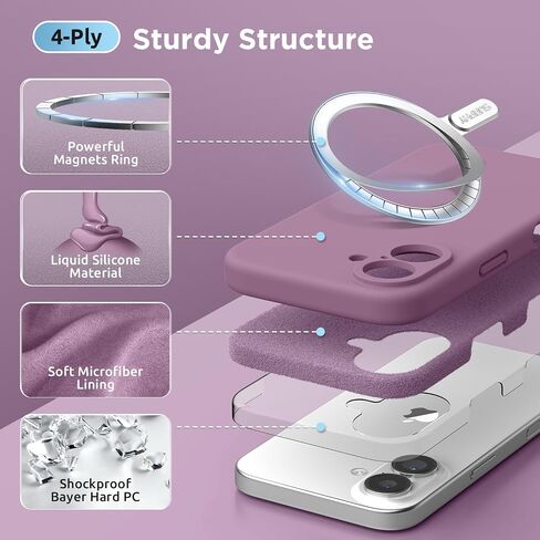 SURPHY Designed for iPhone 16 Case Compatible with MagSafe (6.1 inch 2024), with Screen Protector Liquid Silicone Phone Case (Camera Protective, Soft Microfiber Lining), Lilac Purple in Kuwait