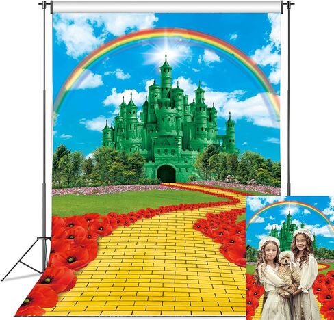 Green Castle Yellow Brick Road Backdrop for Party Decorations 5x7FT Rainbow Floral Castle Gold Brick Road Photography Background Baby Shower Princess party Decorations Supplies in Saudi Arabia