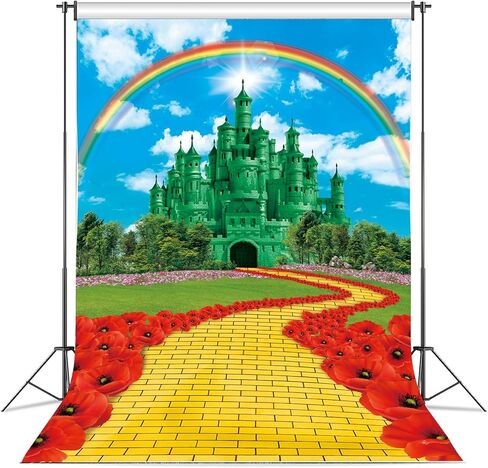 Green Castle Yellow Brick Road Backdrop for Party Decorations 5x7FT Rainbow Floral Castle Gold Brick Road Photography Background Baby Shower Princess party Decorations Supplies in Saudi Arabia