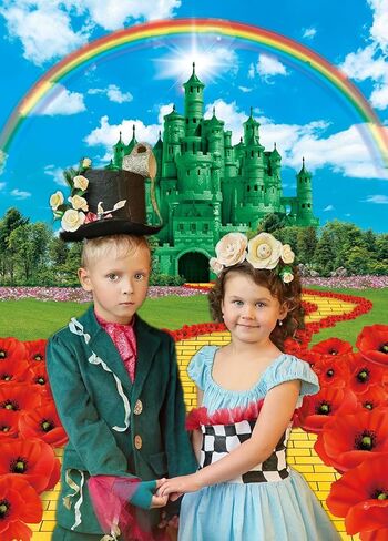 Green Castle Yellow Brick Road Backdrop for Party Decorations 5x7FT Rainbow Floral Castle Gold Brick Road Photography Background Baby Shower Princess party Decorations Supplies in Saudi Arabia