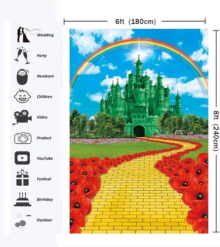 Green Castle Yellow Brick Road Backdrop for Party Decorations 5x7FT Rainbow Floral Castle Gold Brick Road Photography Background Baby Shower Princess party Decorations Supplies in Saudi Arabia