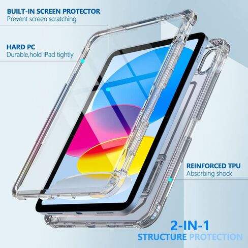 حافظة Puxicu لجهاز iPad الجيل العاشر 2022، غطاء مقاوم للصدمات مع واقي شاشة مدمج بمسند لجهاز iPad الجيل العاشر 10.9 بوصة 2022 (الطراز: A2696/A2757/A2777)، شفاف in Kuwait