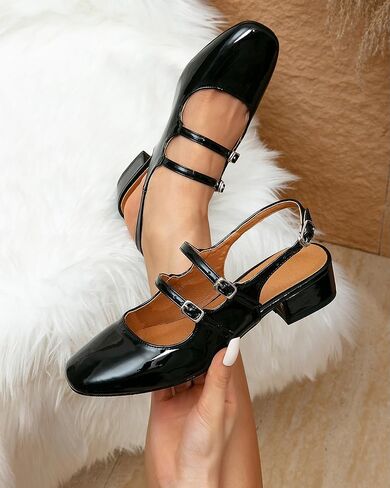 NEWBELLA المرأة ماري جينس مضخات مكتنزة كعب منخفض Slingback قابل للتعديل الكاحل مشبك الانزلاق على الصنادل مزدوجة الظهر أبازيم الرجعية كتلة مضخات لعطلة الزفاف العمل عارضة in Saudi Arabia