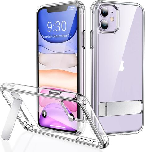 حافظة JETech لهاتف iPhone 11 مقاس 6.1 بوصة مع حامل، تدعم الشحن اللاسلكي، غطاء هاتف نحيف مقاوم للصدمات، مسند معدني ثلاثي الاتجاهات (شفاف) in Saudi Arabia