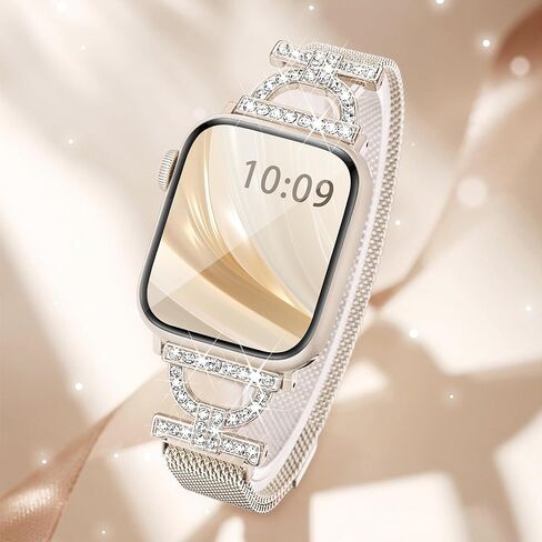 Magnetic Metal Band Compatible with Apple Watch Bands for Women 44mm 40mm 45mm 41mm 38mm 42mm 46mm, Dressy Bling D-Shape Milanese Loop Stainless Steel Strap for iWatch Series 10 9 8 7 6 5 4 3 2 1 SE-Starlight in Saudi Arabia
