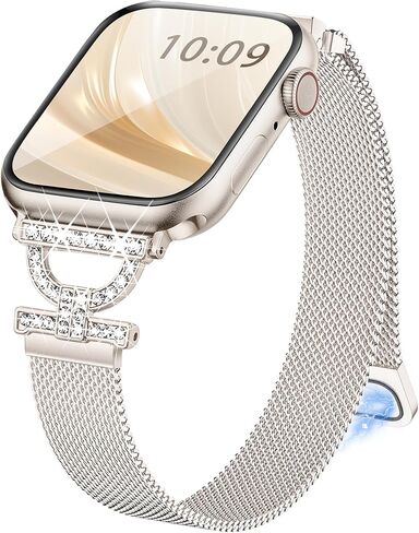 سوار معدني مغناطيسي متوافق مع أساور ساعة أبل للنساء 44 مم 40 مم 45 مم 41 مم 38 مم 42 مم 46 مم، حزام من الفولاذ المقاوم للصدأ على شكل حرف D بحلقة ميلانو لسلسلة iWatch 10 9 8 7 6 5 4 3 2 1 SE-Starlight in Kuwait