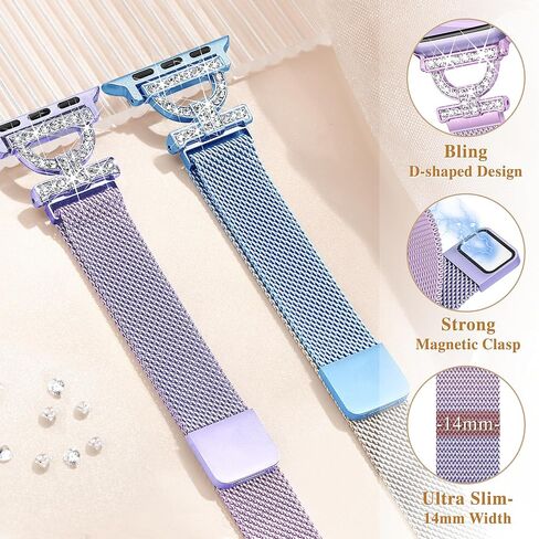 Magnetic Metal Band Compatible with Apple Watch Bands for Women 44mm 40mm 45mm 41mm 38mm 42mm 46mm, Dressy Bling D-Shape Milanese Loop Stainless Steel Strap for iWatch Series 10 9 8 7 6 5 4 3 2 1 SE-Starlight in Saudi Arabia