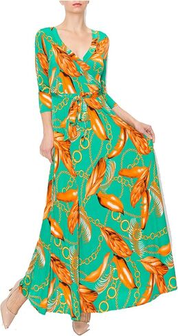 Women's 3/4 Sleeve V-Neck Printed Maxi Faux Wrap Floral Dress Light Blue Pink M in Saudi Arabia