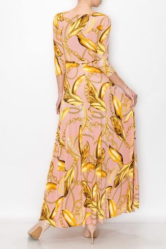 Women's 3/4 Sleeve V-Neck Printed Maxi Faux Wrap Floral Dress Light Blue Pink M in Saudi Arabia