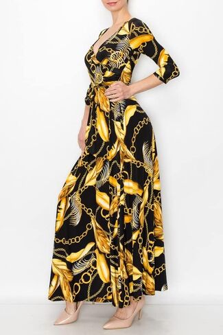 Women's 3/4 Sleeve V-Neck Printed Maxi Faux Wrap Floral Dress Light Blue Pink M in Saudi Arabia