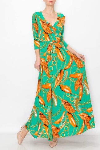 Women's 3/4 Sleeve V-Neck Printed Maxi Faux Wrap Floral Dress Light Blue Pink M in Saudi Arabia